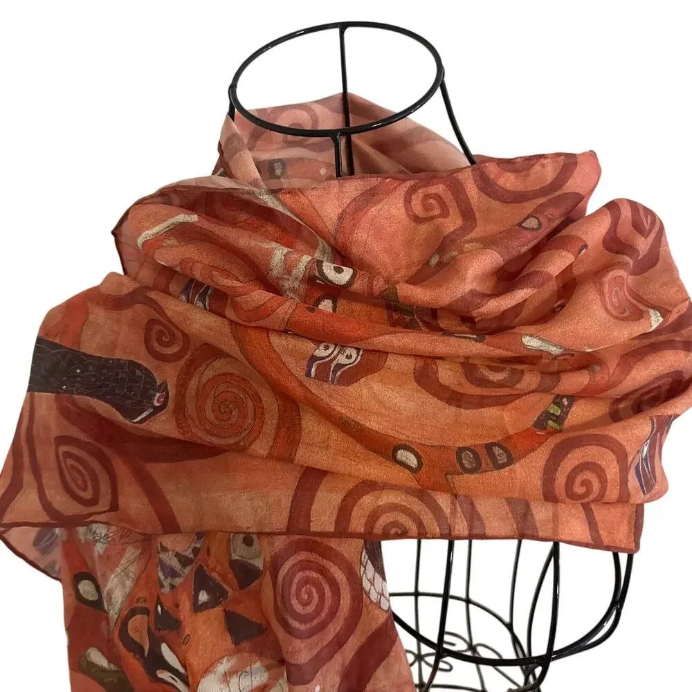 Vintage 100% Silk Egyptian Hieroglyphic Art Print Scarf Wrap Retro Long 16 x 62